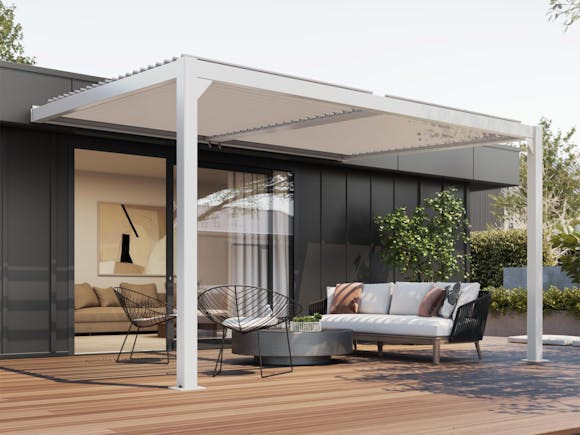 Wall-mounted 4m x 3m white louvre roof system NZ
