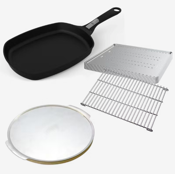 A set of Weber Family Q barbecue accessories including a black frying pan, a stainless steel trivet, a pizza stone with a tray, and aluminum foil convection trays.