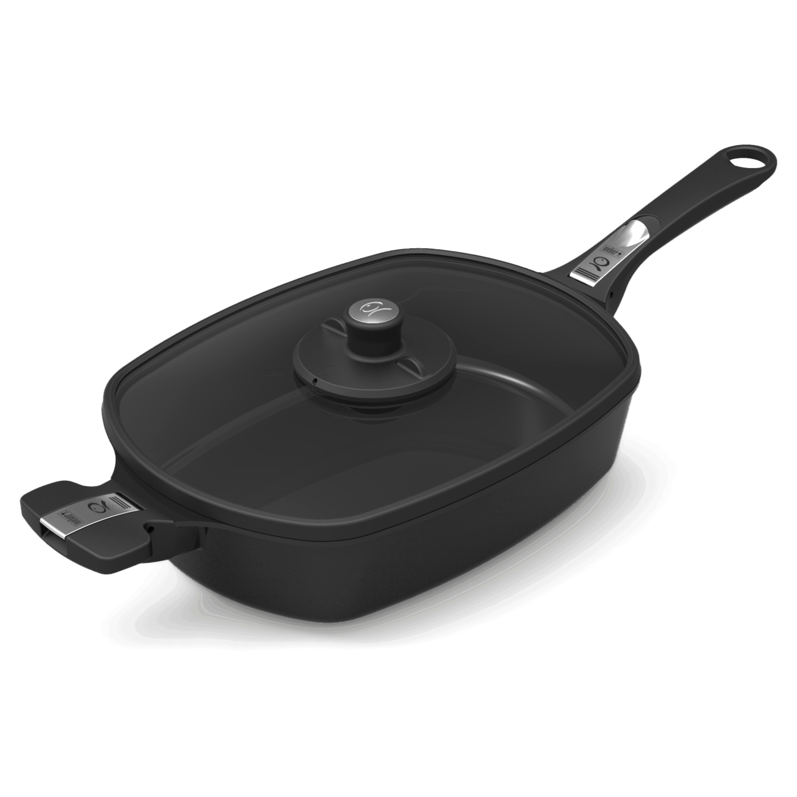 A black Weber Q Ware Large Casserole Dish with a lid and two handles.