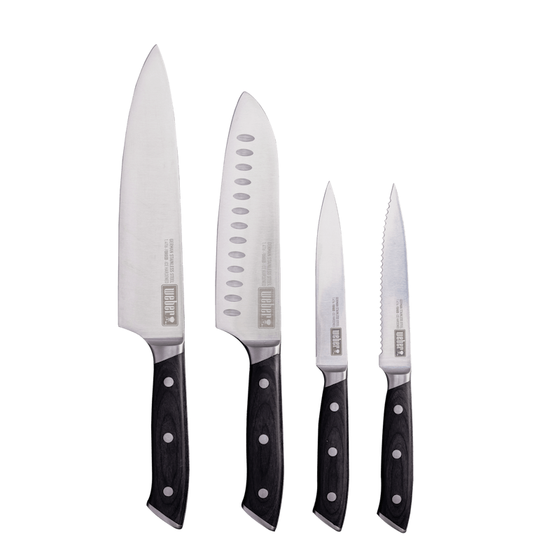 Weber Everyday Knife Set including chef, santoku, utility and serrated knives made from German stainless steel.