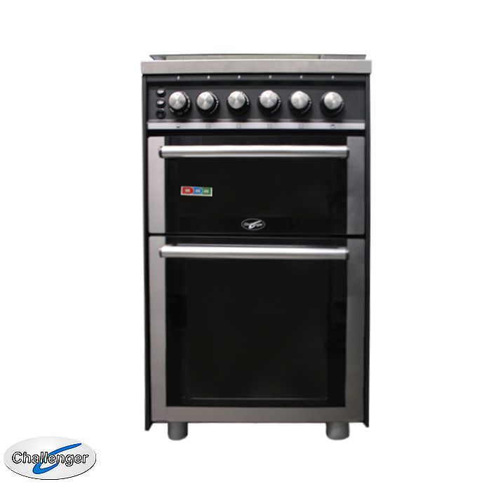 Kakapo freestanding LPG gas oven, stove and grill in black finish with four burners and glass lid.