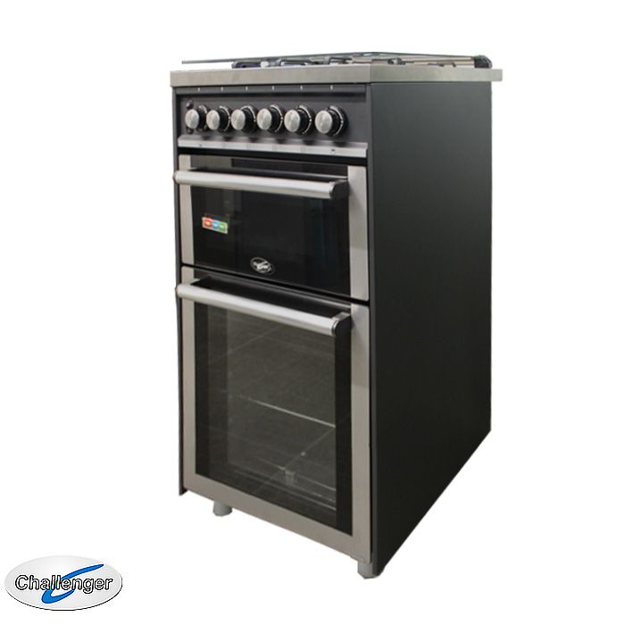 Kakapo freestanding LPG gas oven, stove and grill in black finish with four burners and glass lid.