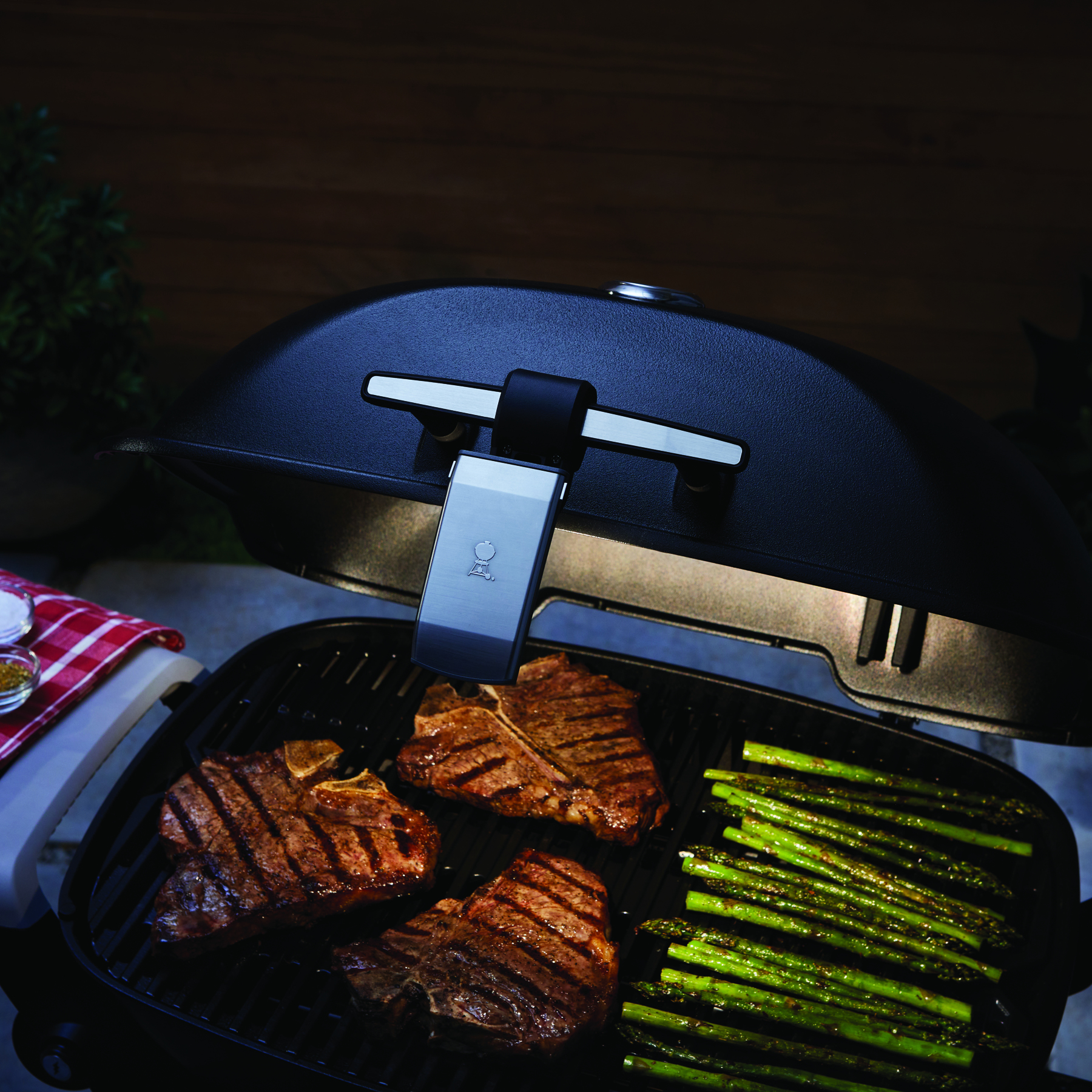 Weber Baby Q and Q Grill ‘n’ Go Light mounted on barbecue handle.