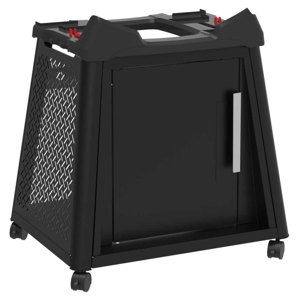 A black Weber Baby Q & Q Premium Cart for gas BBQs with a cabinet and tool hooks.