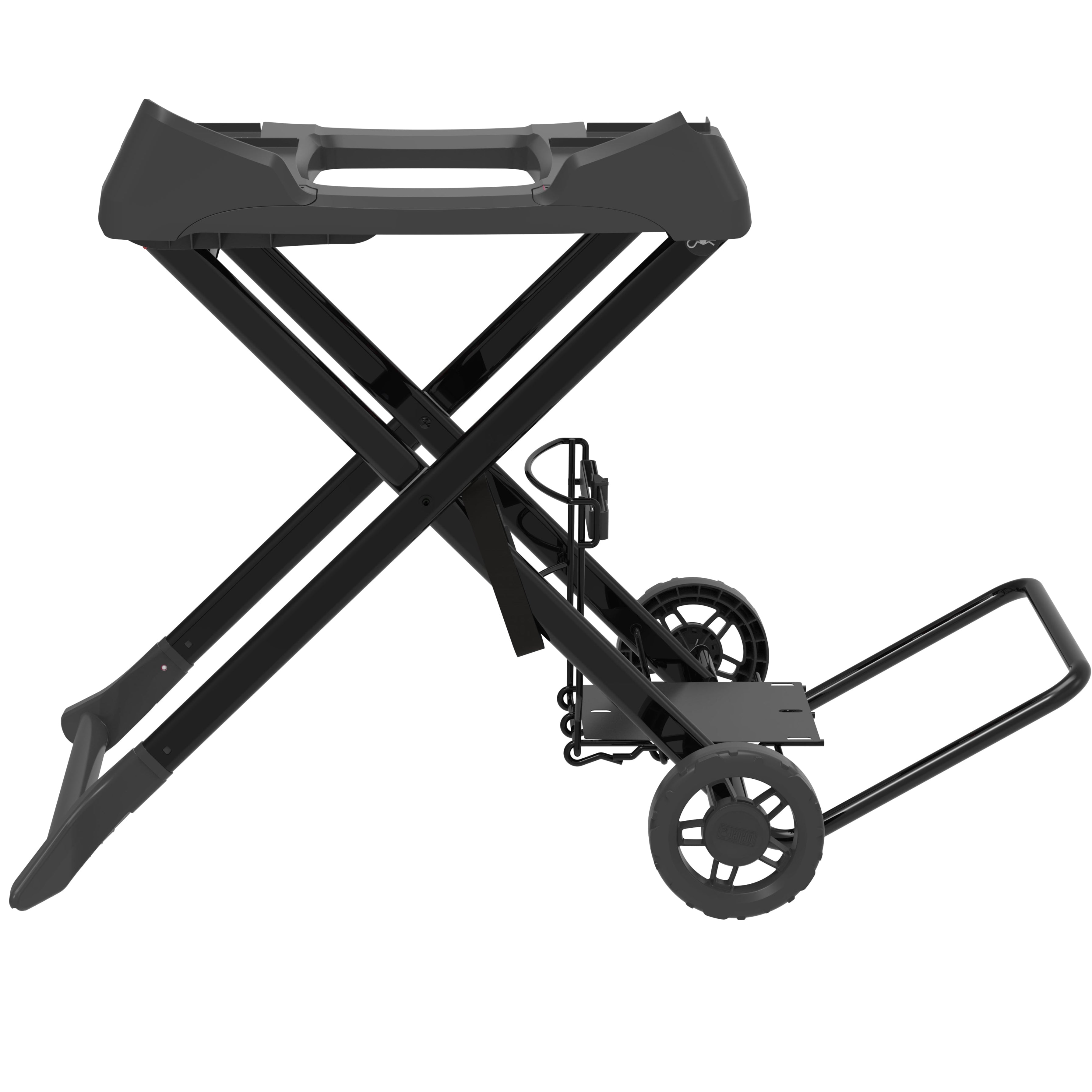 A black foldable and portable cart for Baby Q or Q series gas BBQ by Weber.