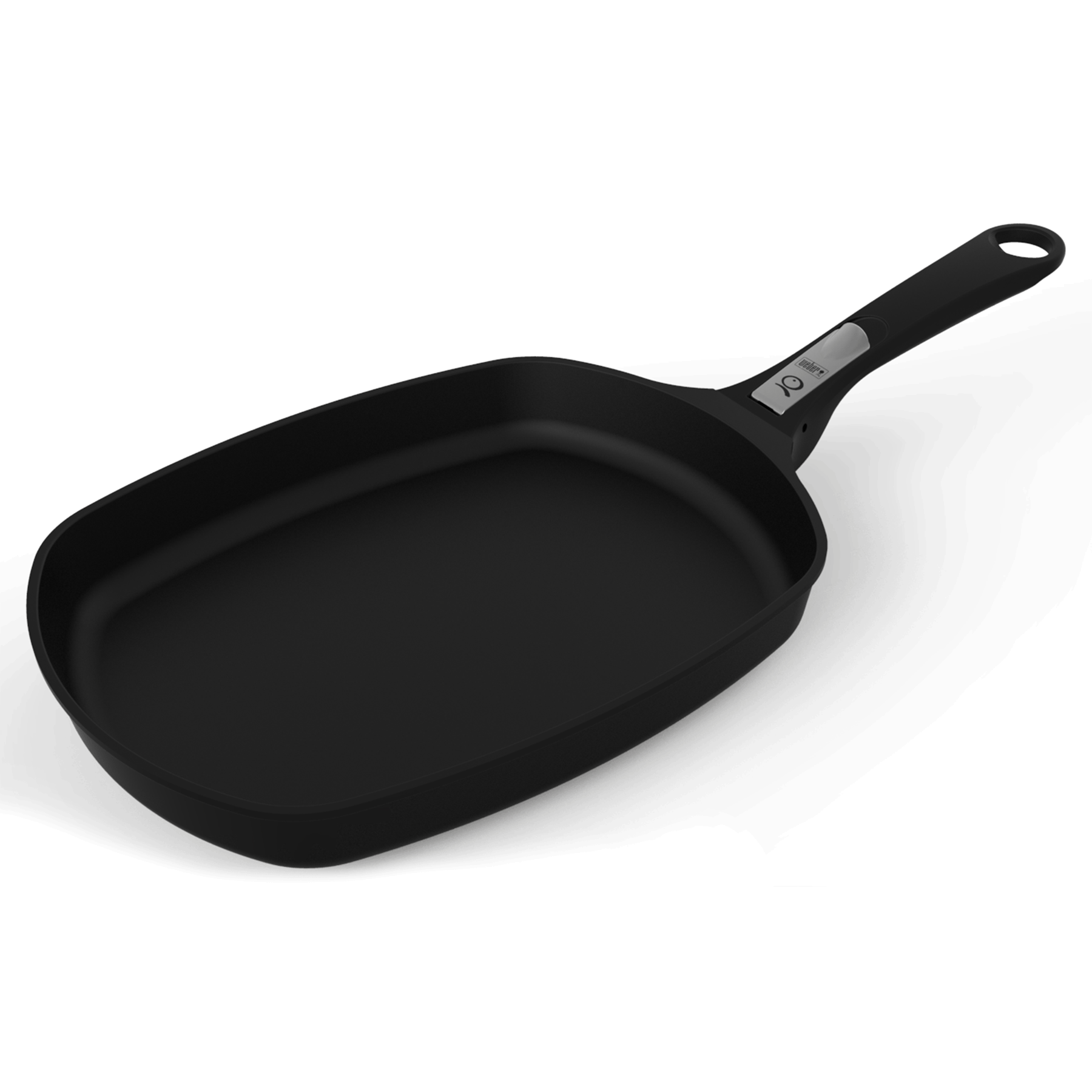 A black Weber Q large frying pan with a detachable handle, suitable for outdoor grilling.