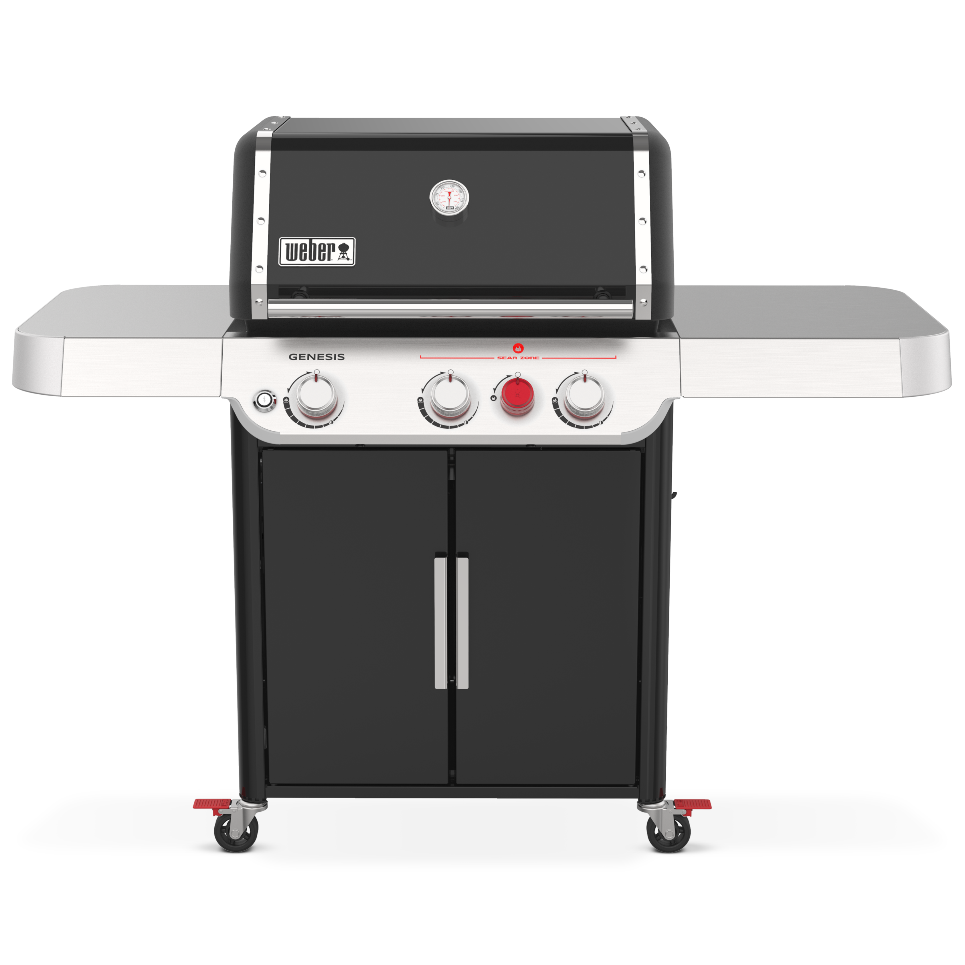 Weber Genesis E-325s ULPG gas barbecue in black color with side tables folded out on either side.
