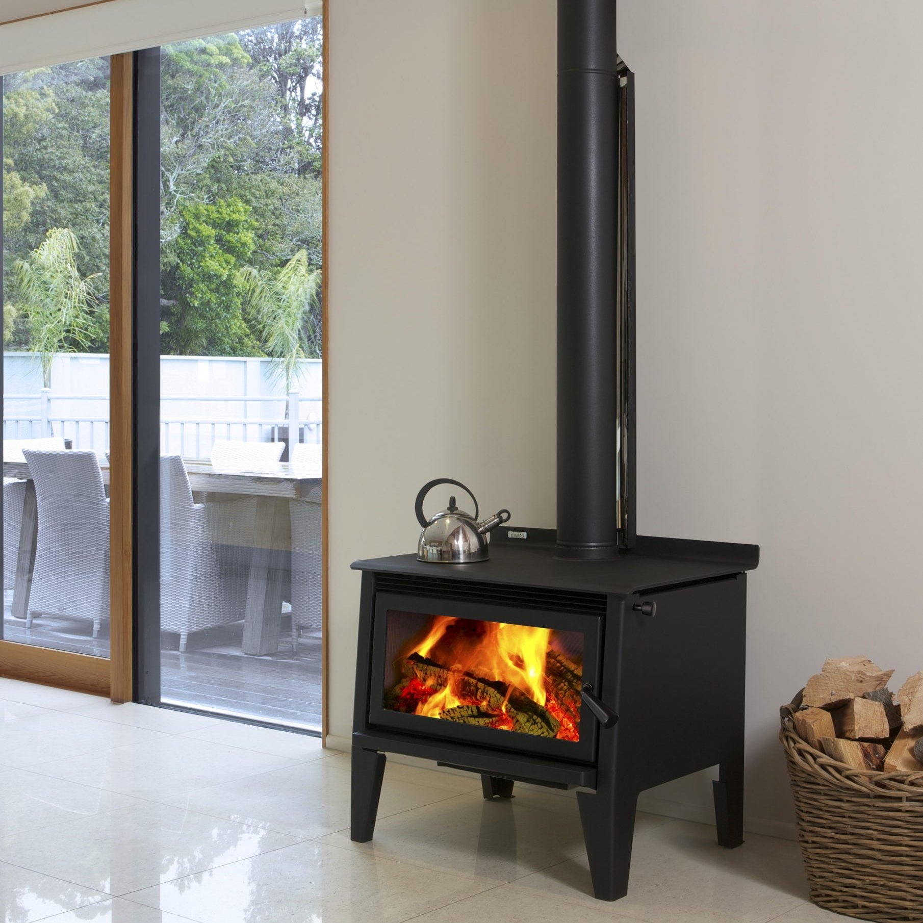 Metro LTD Mega Rad Wood Fire – large rural radiant wood burner with panoramic glass and cooktop