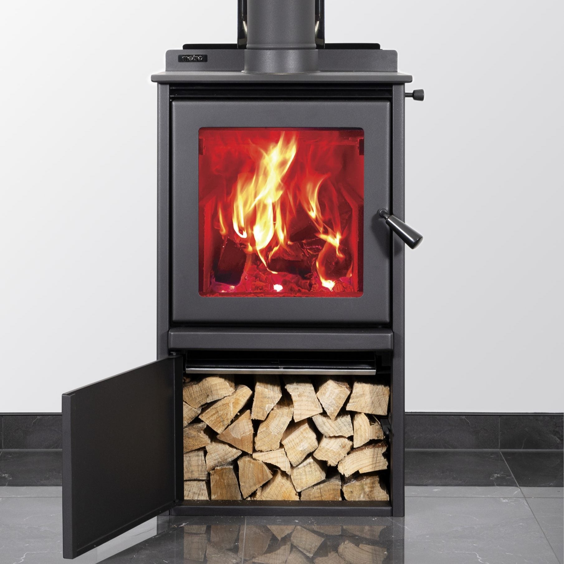 Metro LTD Rad Plus Wood Fire – modern black glass rural fireplace with clean burning technology
