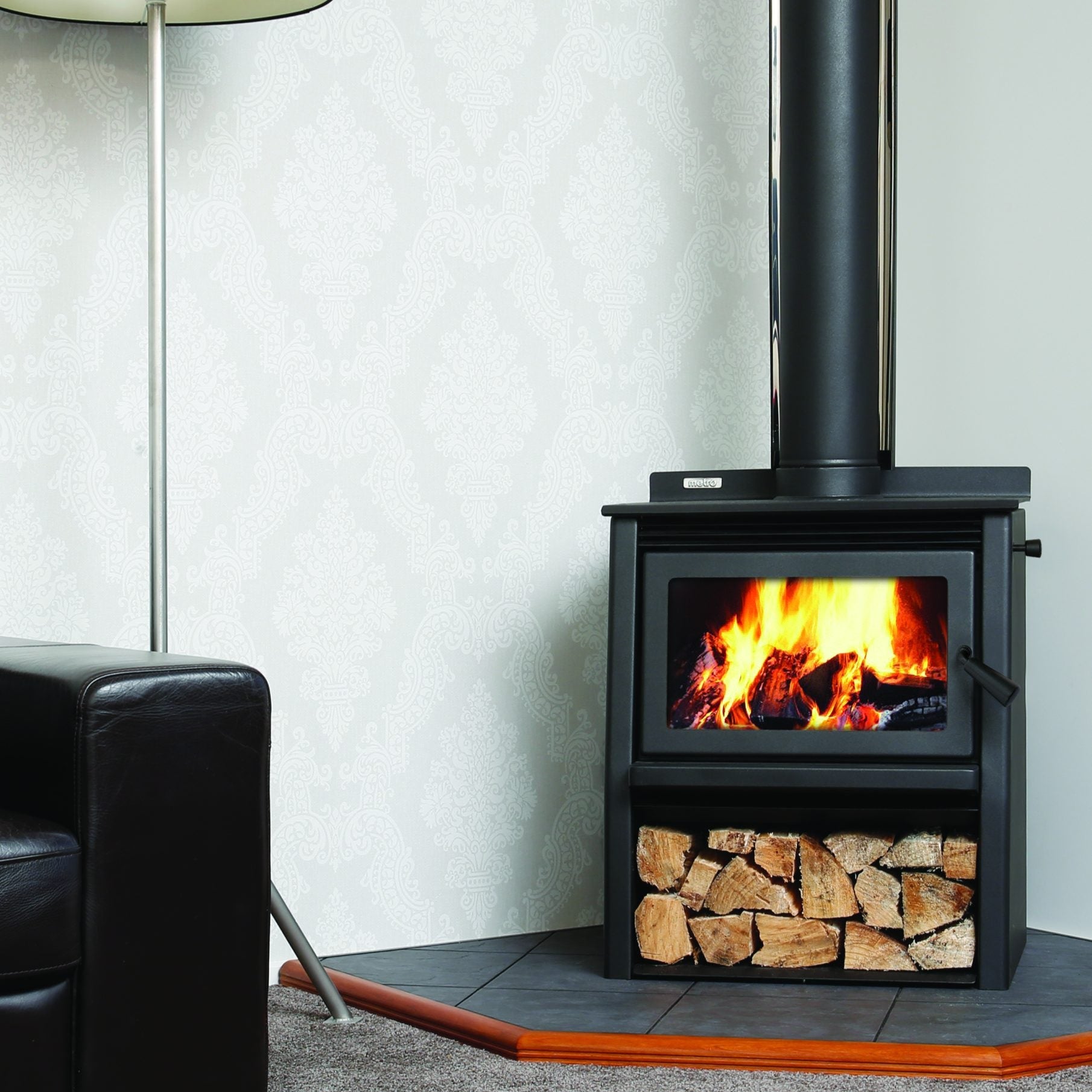 Metro LTD Wee Rad Woody wood fire with log storage – 15kW rural wood burner with optional wetback