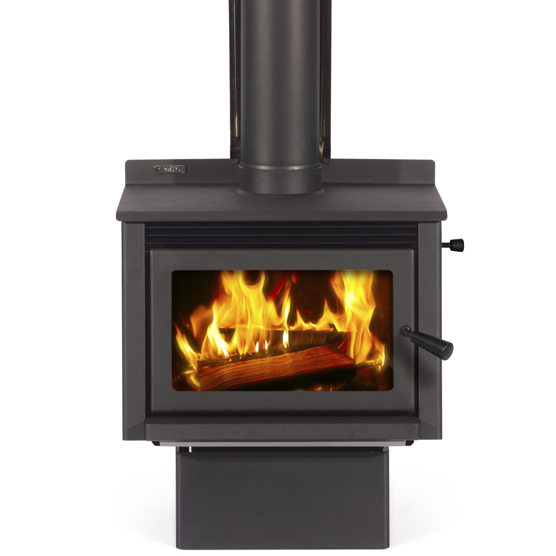 Metro Wee Rad Base wood fire with sleek pedestal design – Clean Air Approved log burner for modern NZ homes