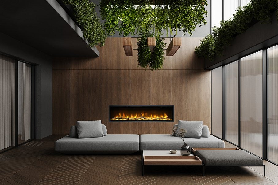 Real Flame Ignite Evolve Electric Fire with customisable flames, logs, and glass media bed – modern energy-efficient electric fireplace