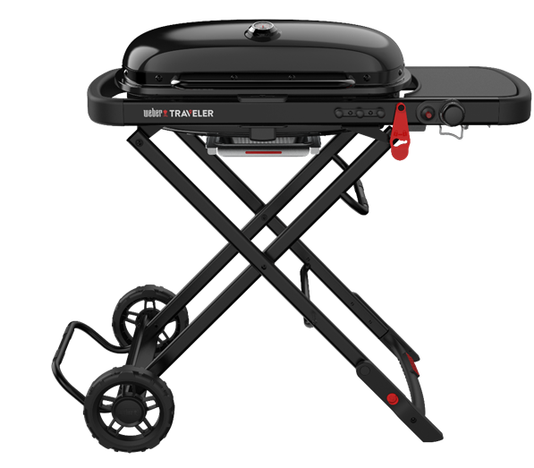 Weber Traveler Stealth BBQ with Half Hotplate, portable outdoor grill in black color with wheels and a closed lid.