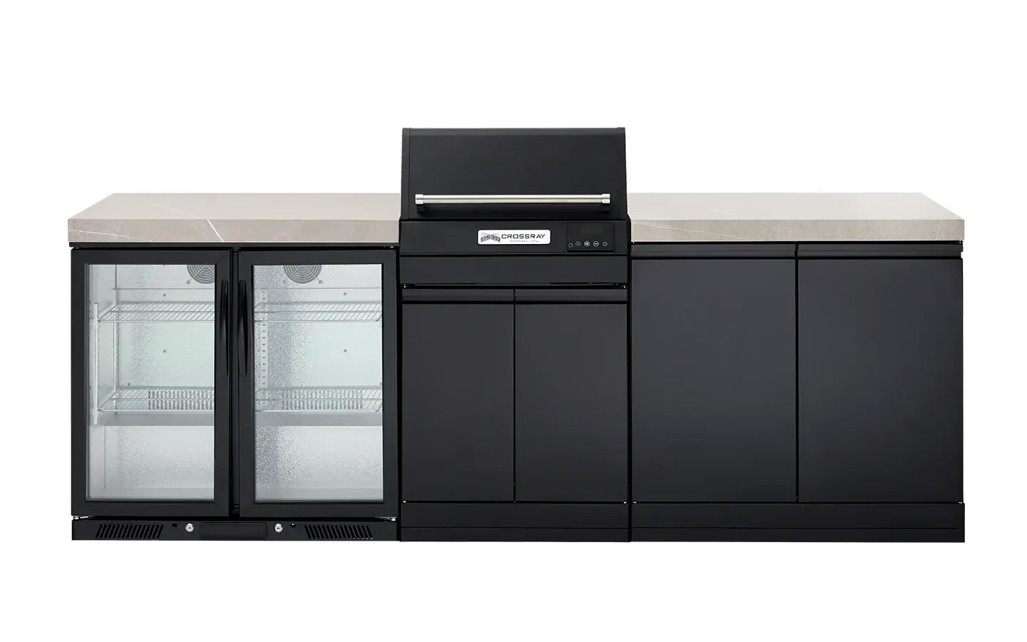 An electric outdoor BBQ kitchen with double door fridge and multiple cabinets in a gray color, designed for indoor or outdoor use.