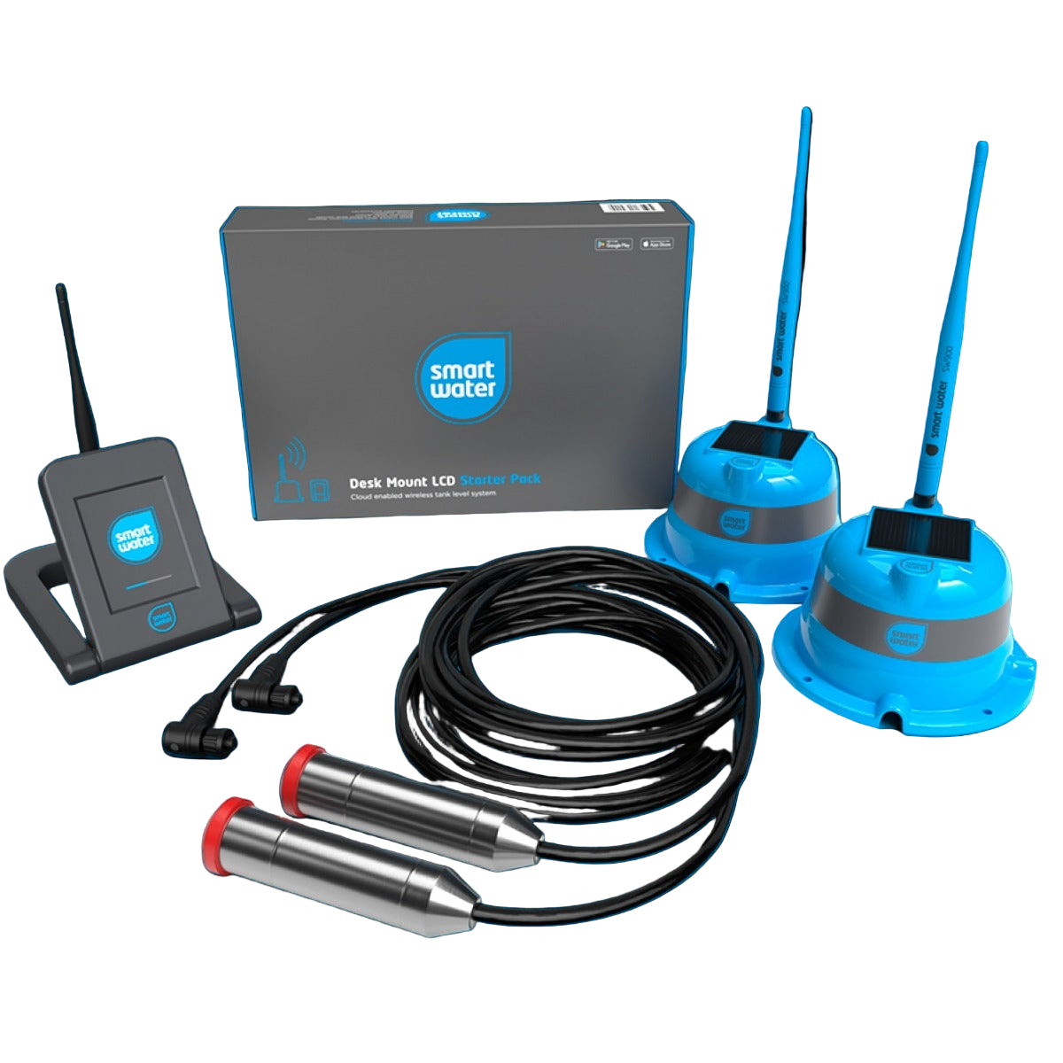 Smart Water Desk Mount WiFi LCD Starter Pack – dual tank monitoring system with solar senders, LCD keypad, and mobile app connectivity.