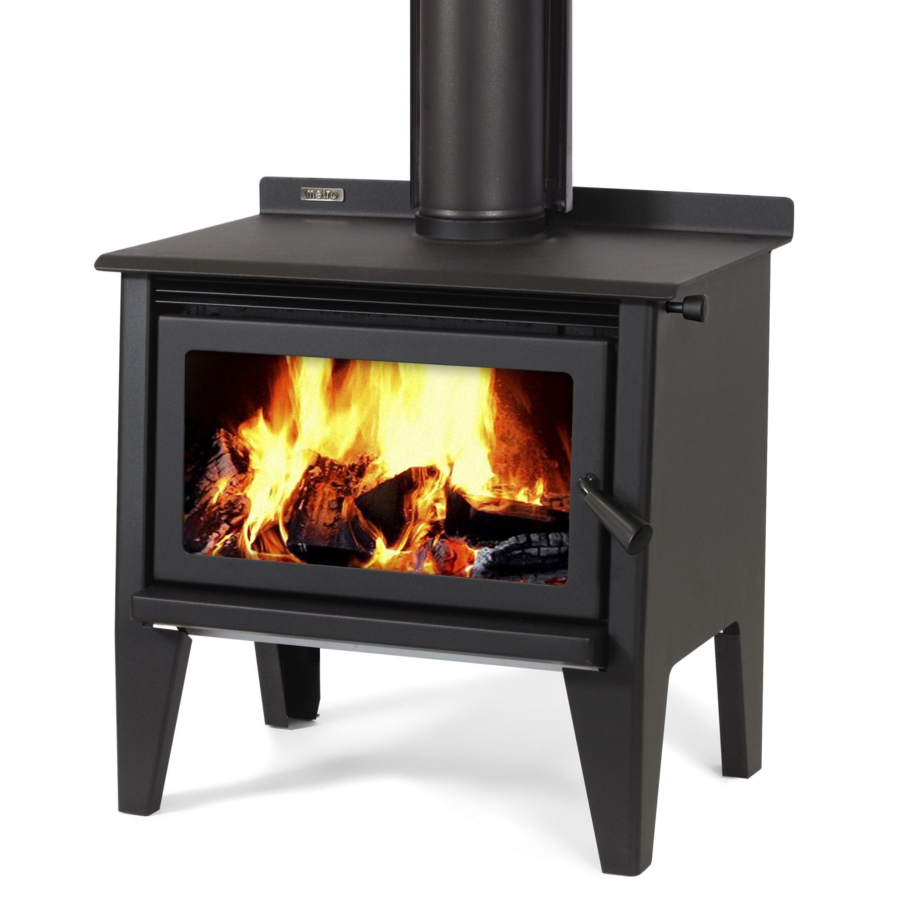 Metro Xtreme Rad Leg wood burner with large cooktop surface