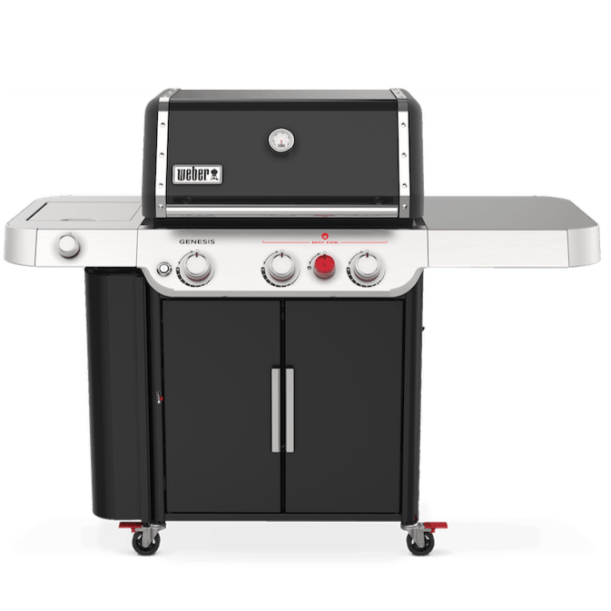 Weber Genesis SE-E-335 LPG BBQ, black color, with side burner and storage cabinet.