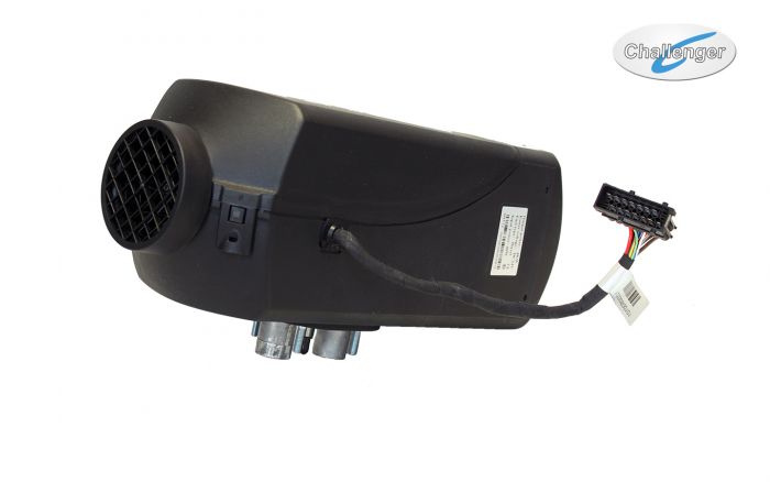 A black diesel heater with a compact design, featuring a heating element and electrical connectors.