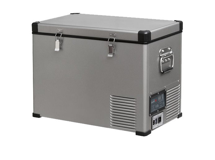 A 45L portable freezer with a stable metal shell, removable metal handle, and an electrical display. It is primarily gray in color.