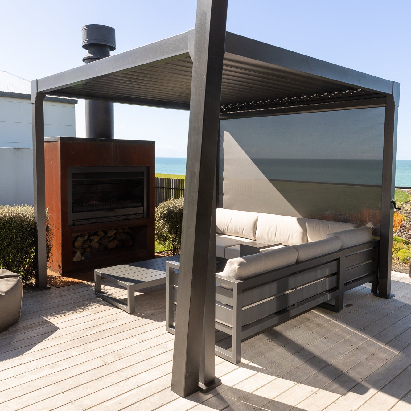 Sereno Louvre Mesh Pull-Down Shade Add comfort and protection to your outdoor living with the Sereno Louvre Mesh Pull-Down Retractable Shade. 