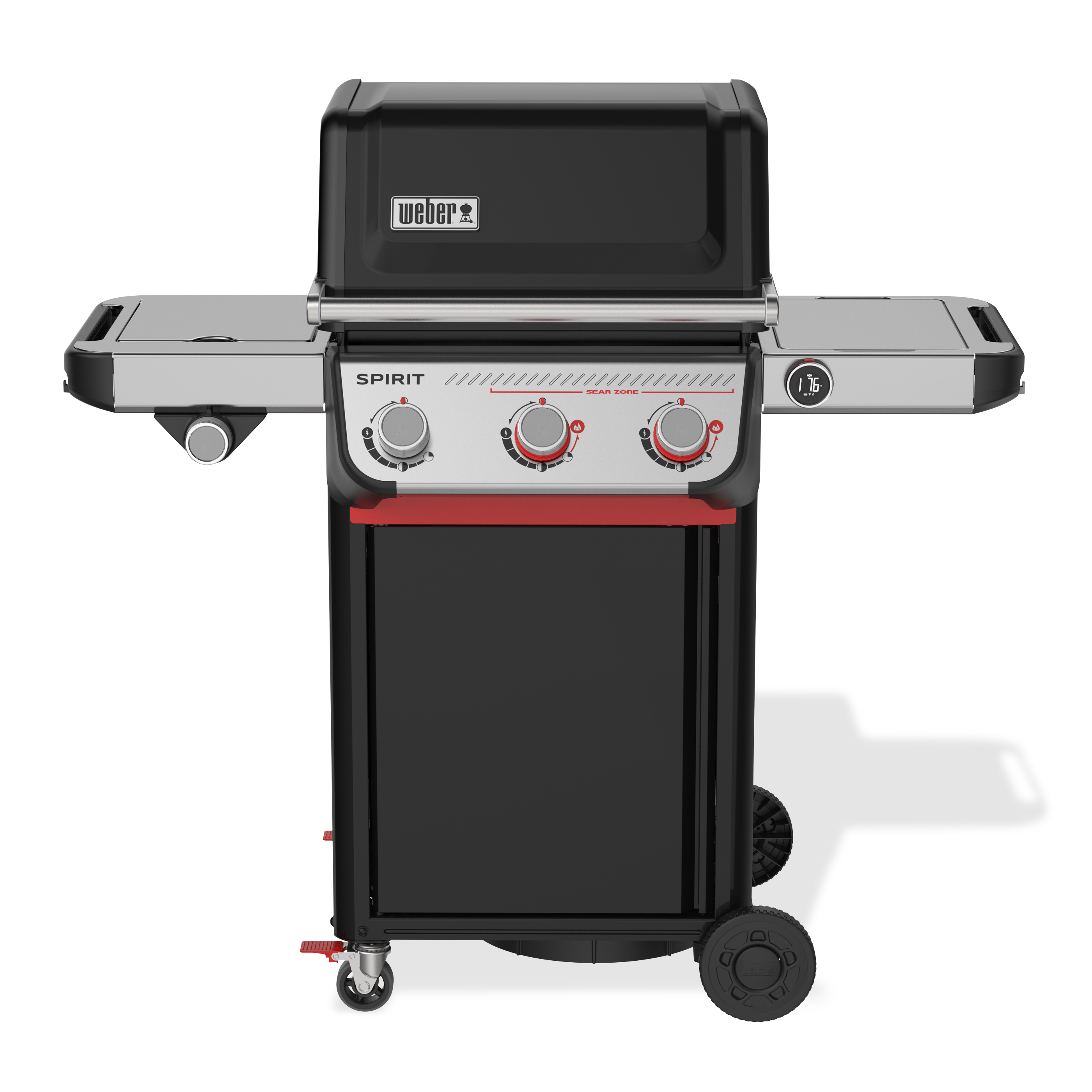 A Weber Spirit II gas grill in black and silver with red accents, shown from a front three-quarter angle on a white background.