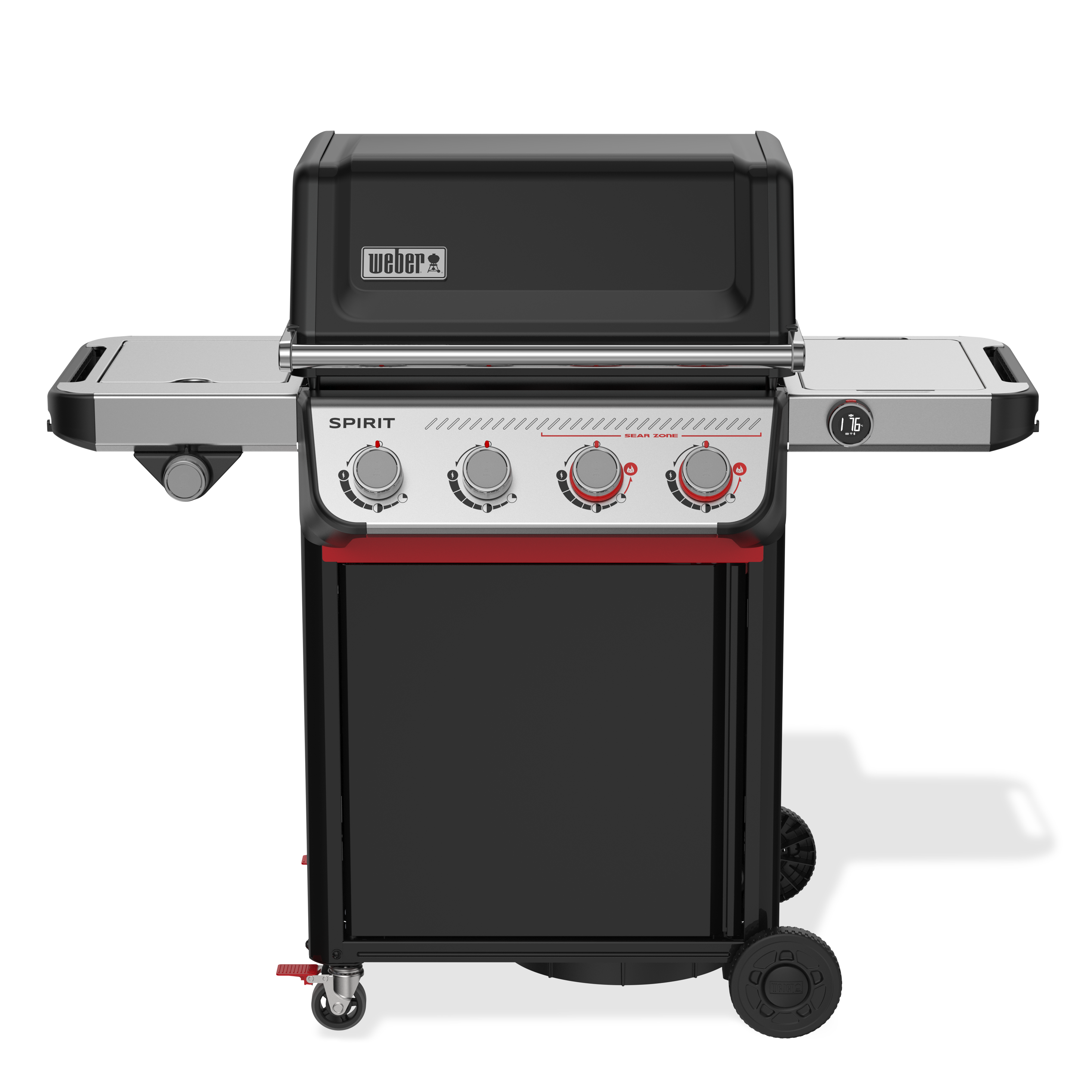 A Weber Spirit gas grill with a black body, silver side tables and control panel, and red accents, shown on a white background with a soft shadow.