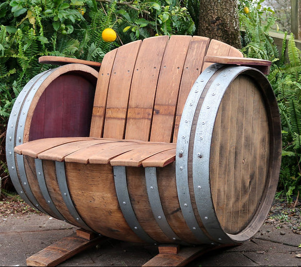 French Oak Wine Barrel Bench Seat – rustic handcrafted outdoor furniture