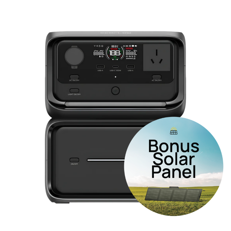 Black portable power station with digital display and solar panel icon on a white background