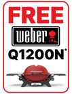 Promotional graphic for a free Weber Q1200N grill with red border and text.