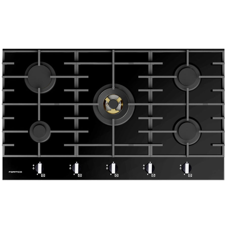 Parmco 900mm black glass gas cooktop with wok burner and cast iron trivets – premium kitchen appliance NZ