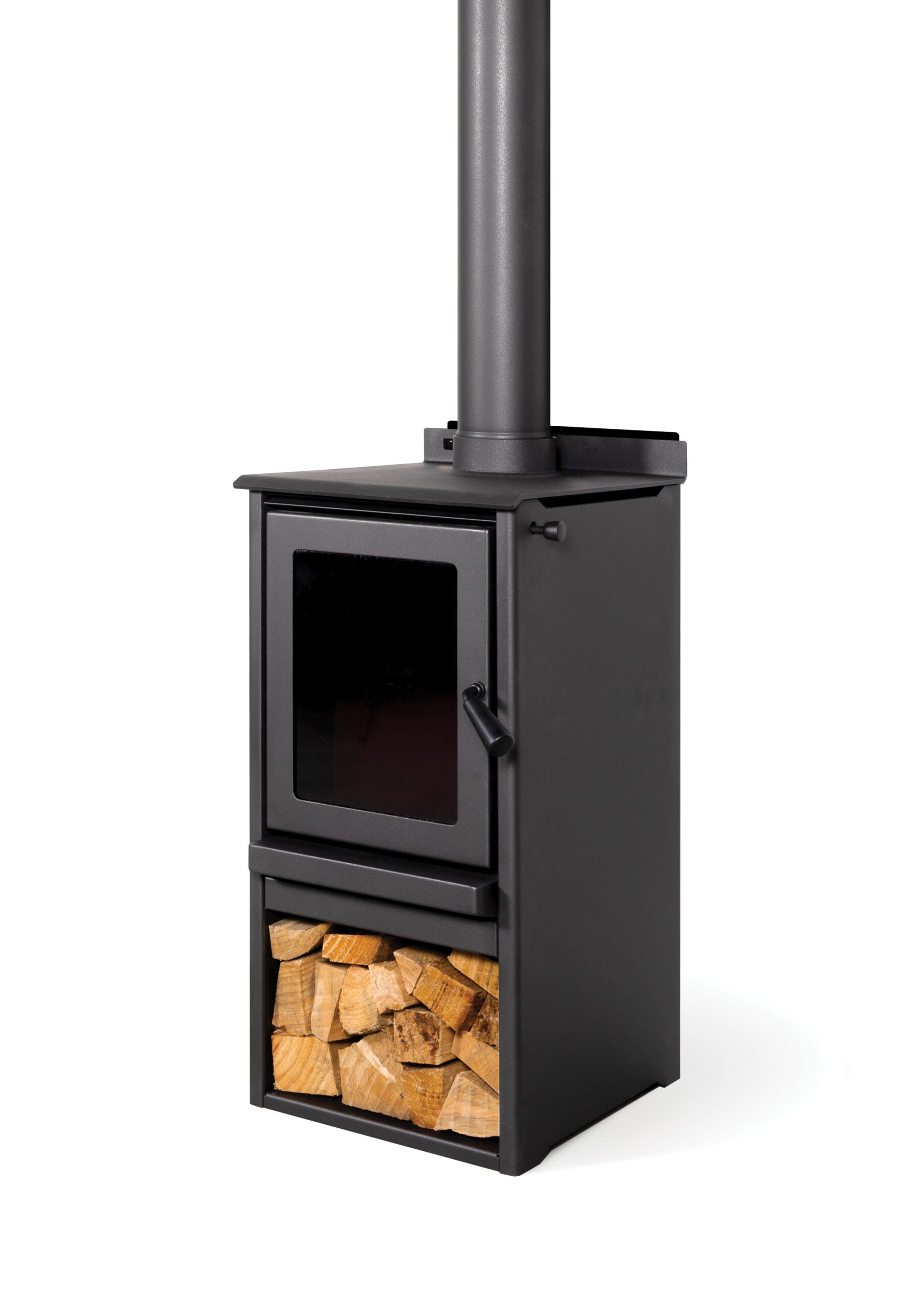 Metro Rad One wood fire with sleek metallic black finish and ROBAX® NightView glass, ideal for tiny homes and small spaces
