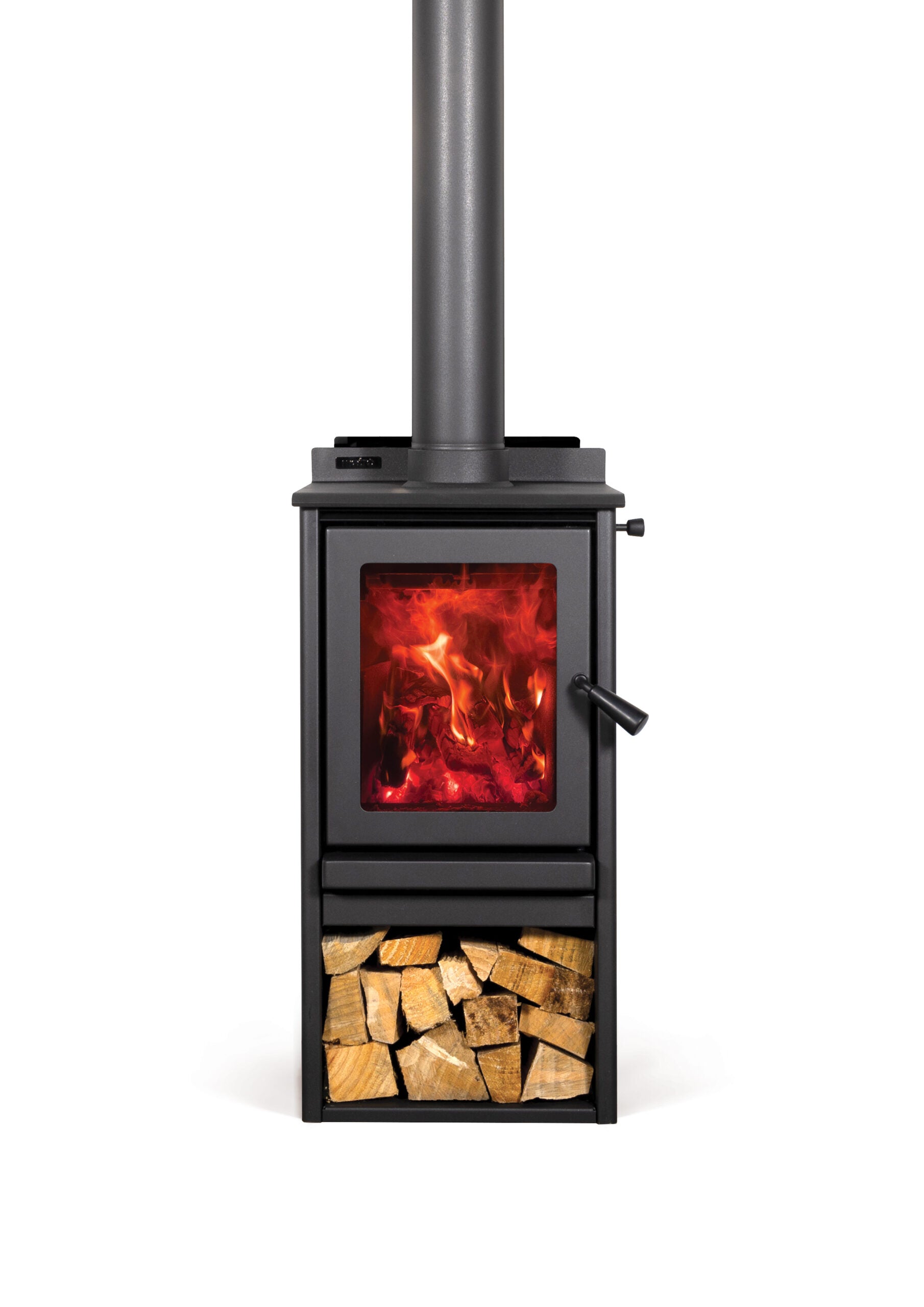 Metro Rad One wood fire with sleek metallic black finish and ROBAX® NightView glass, ideal for tiny homes and small spaces
