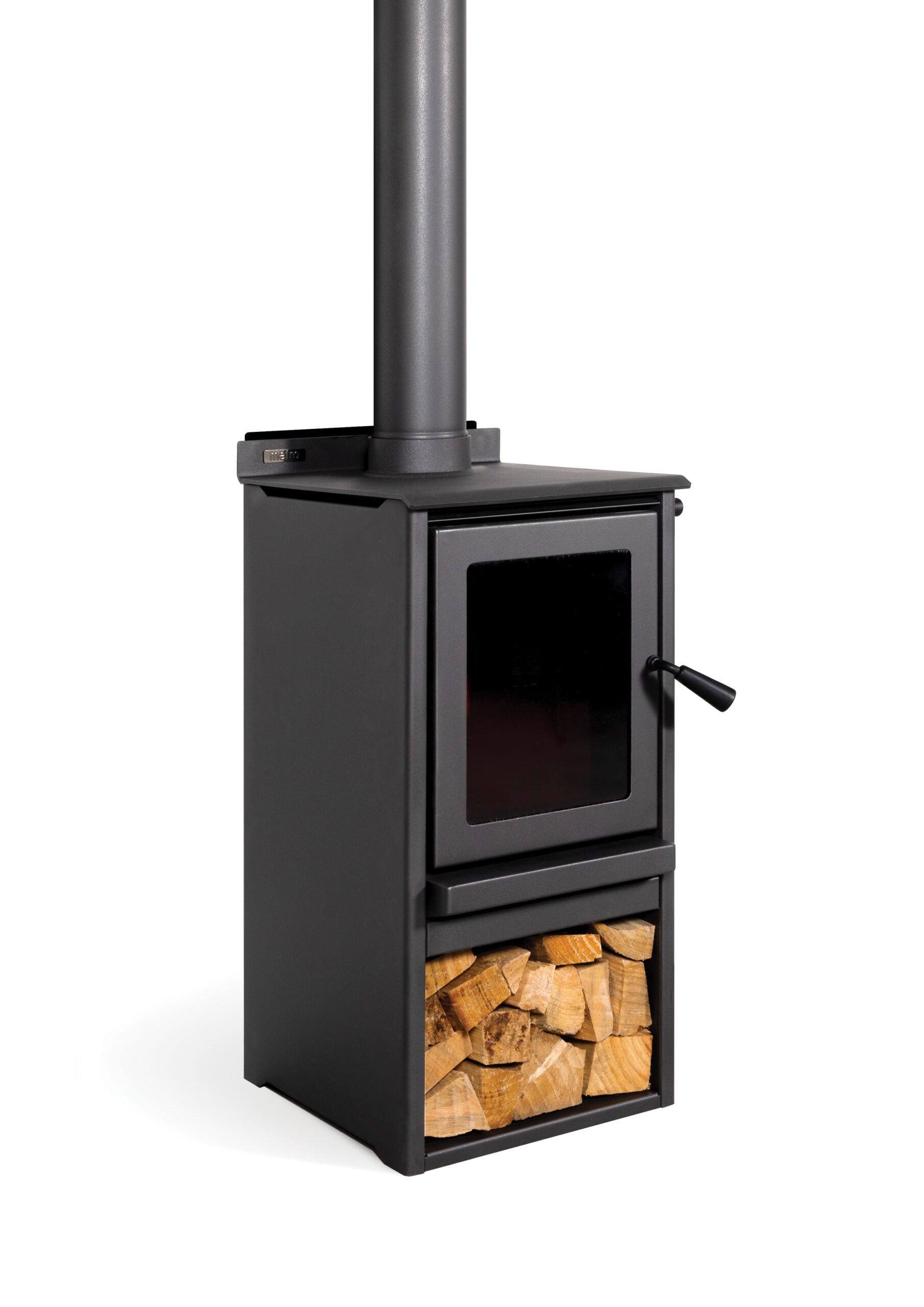 Metro Rad One wood fire with sleek metallic black finish and ROBAX® NightView glass, ideal for tiny homes and small spaces
