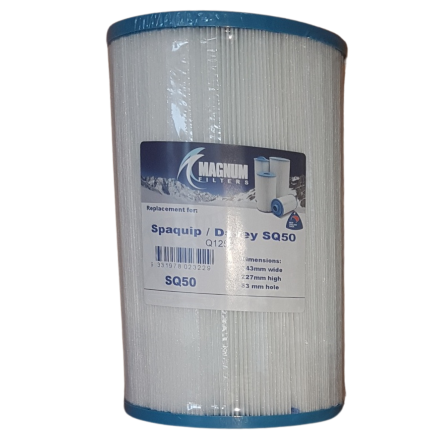 A cylindrical blue and white spa filter with a visible central hole for water flow.