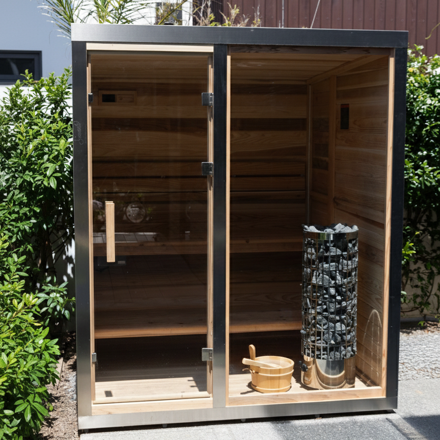 Sereno cedar outdoor sauna with stone heater in a New Zealand backyard setting