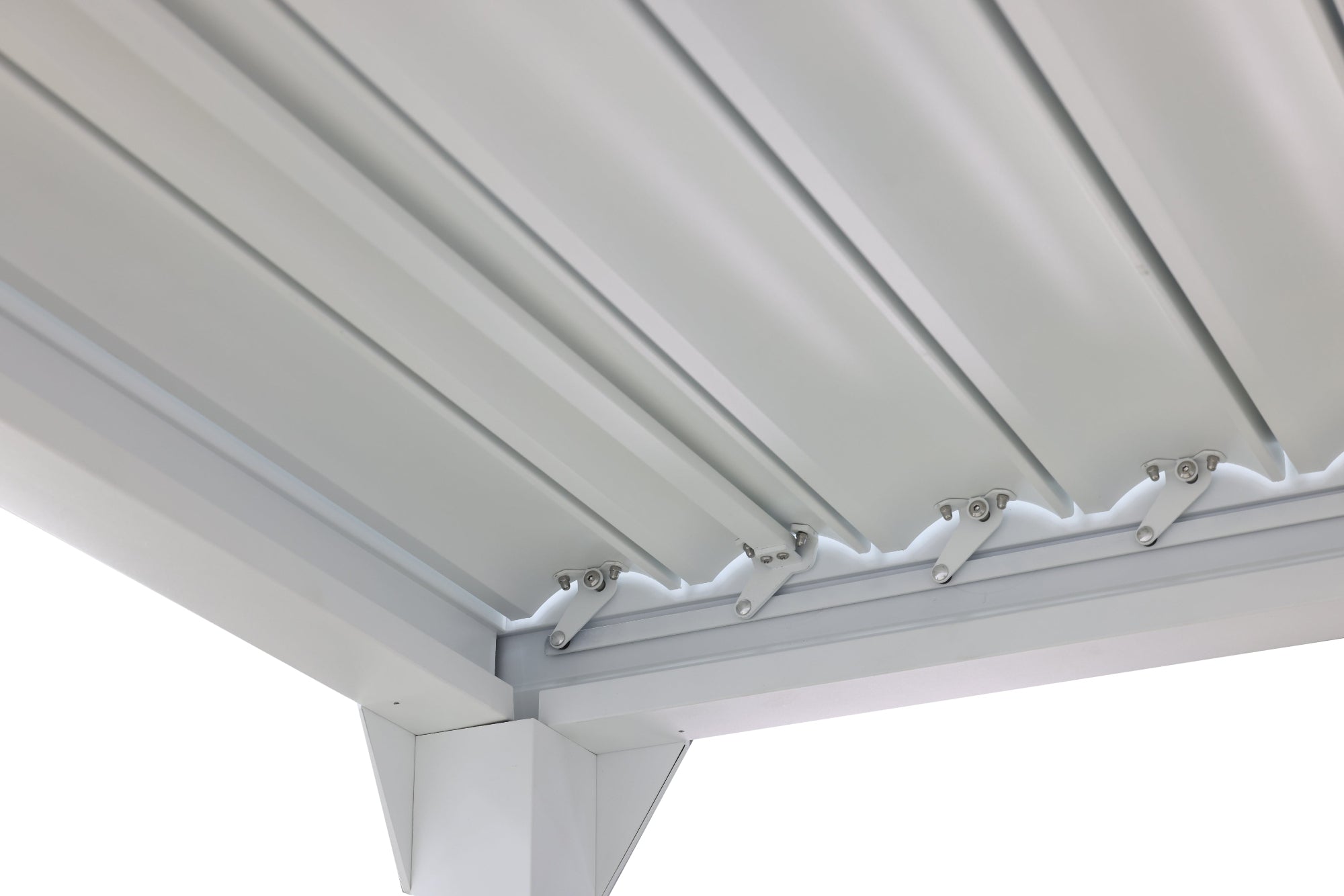 White Sereno Outdoor Louvre Roof with modern adjustable aluminium panels for stylish, all-weather patio, deck, and garden living