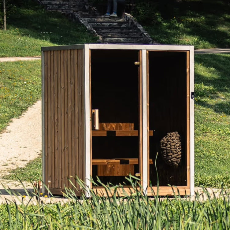 Sereno Cedar Outdoor Sauna with Harvia 9kW heater – premium outdoor Finnish electric sauna in NZ.