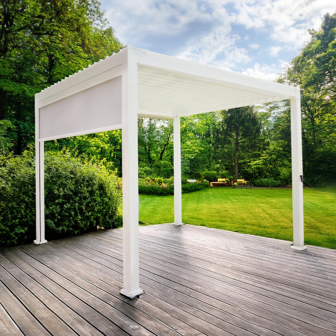 White Sereno Outdoor Louvre Roof with modern adjustable aluminium panels for stylish, all-weather patio, deck, and garden living
