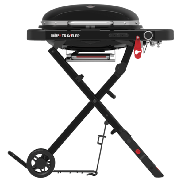 Weber Traveler Compact Portable Gas Barbecue, black color, with stand, side view.