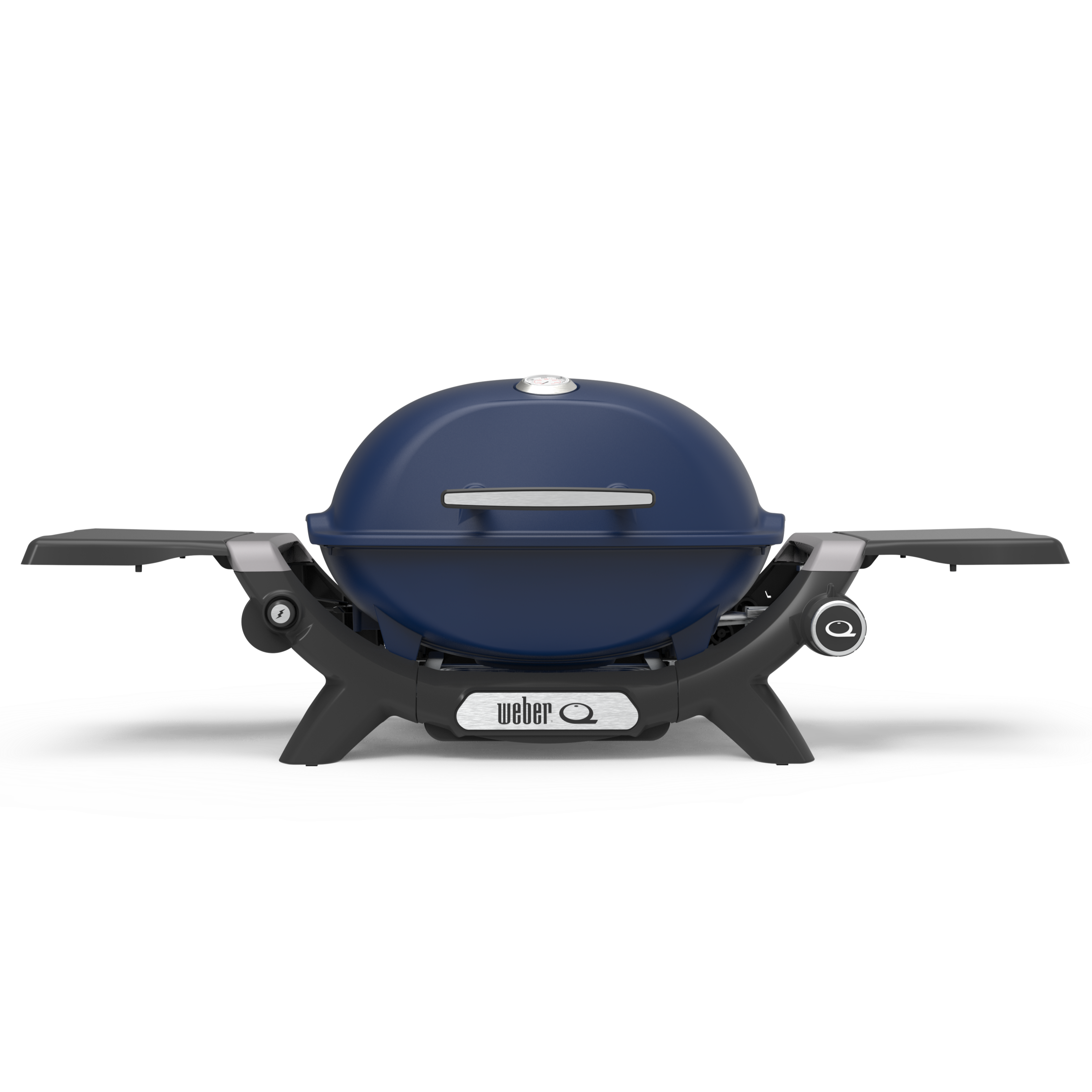 Weber Baby Q1200N Premium portable gas barbecue in Pacific Blue color with side tables folded out on either side.
