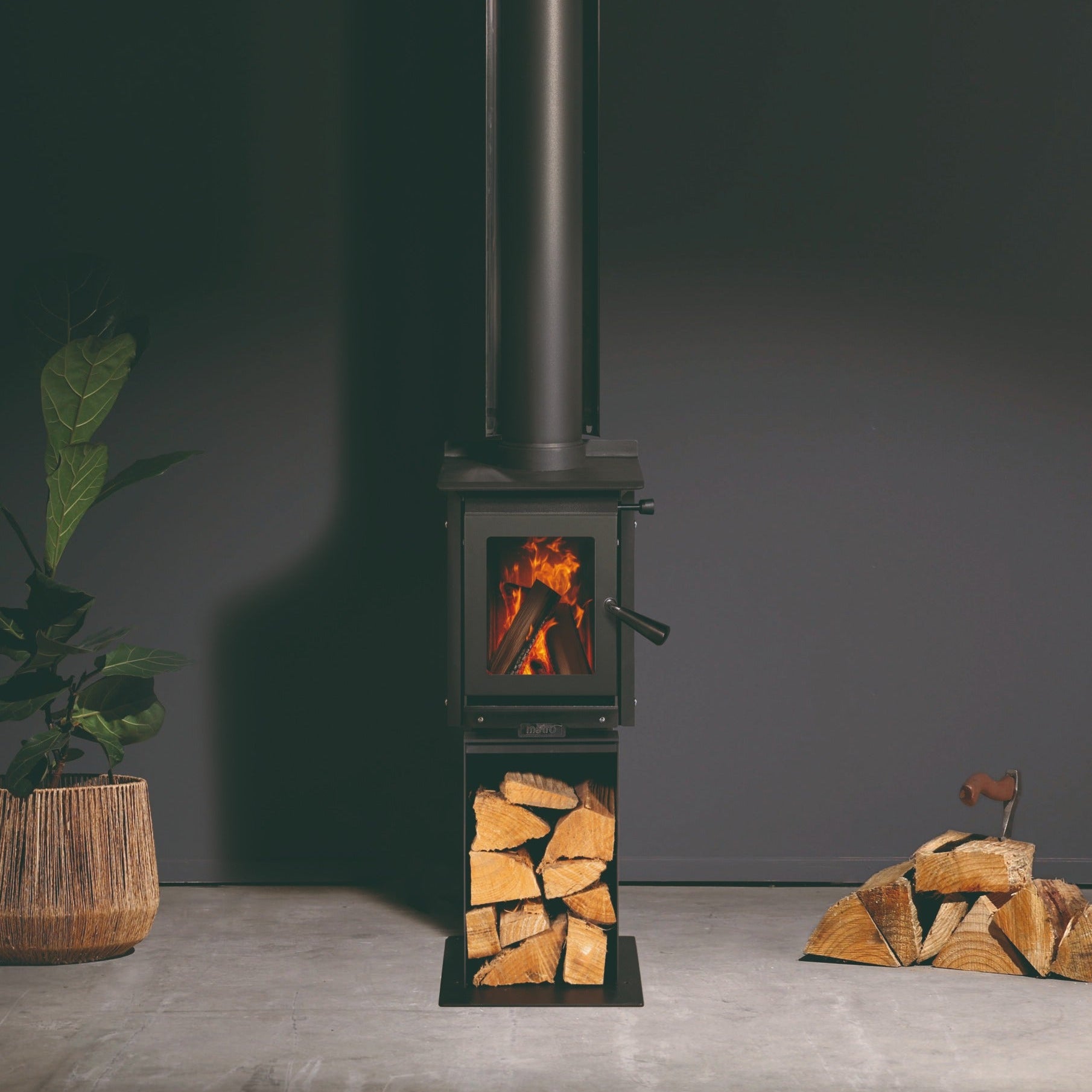 Wood-burning stove with fire
