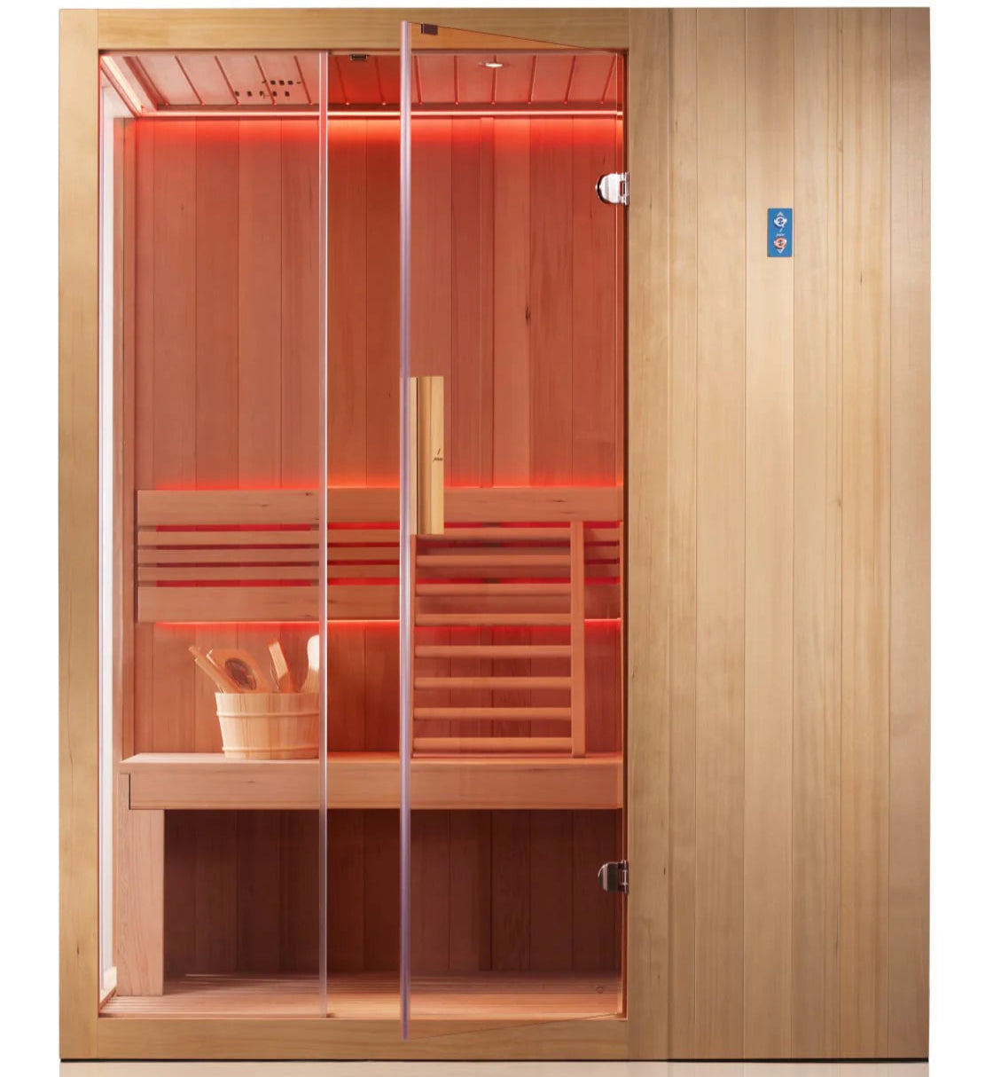 Interior of Sereno Indoor Sauna showing ergonomic backrests, LED chromotherapy lighting, and Bluetooth audio system
