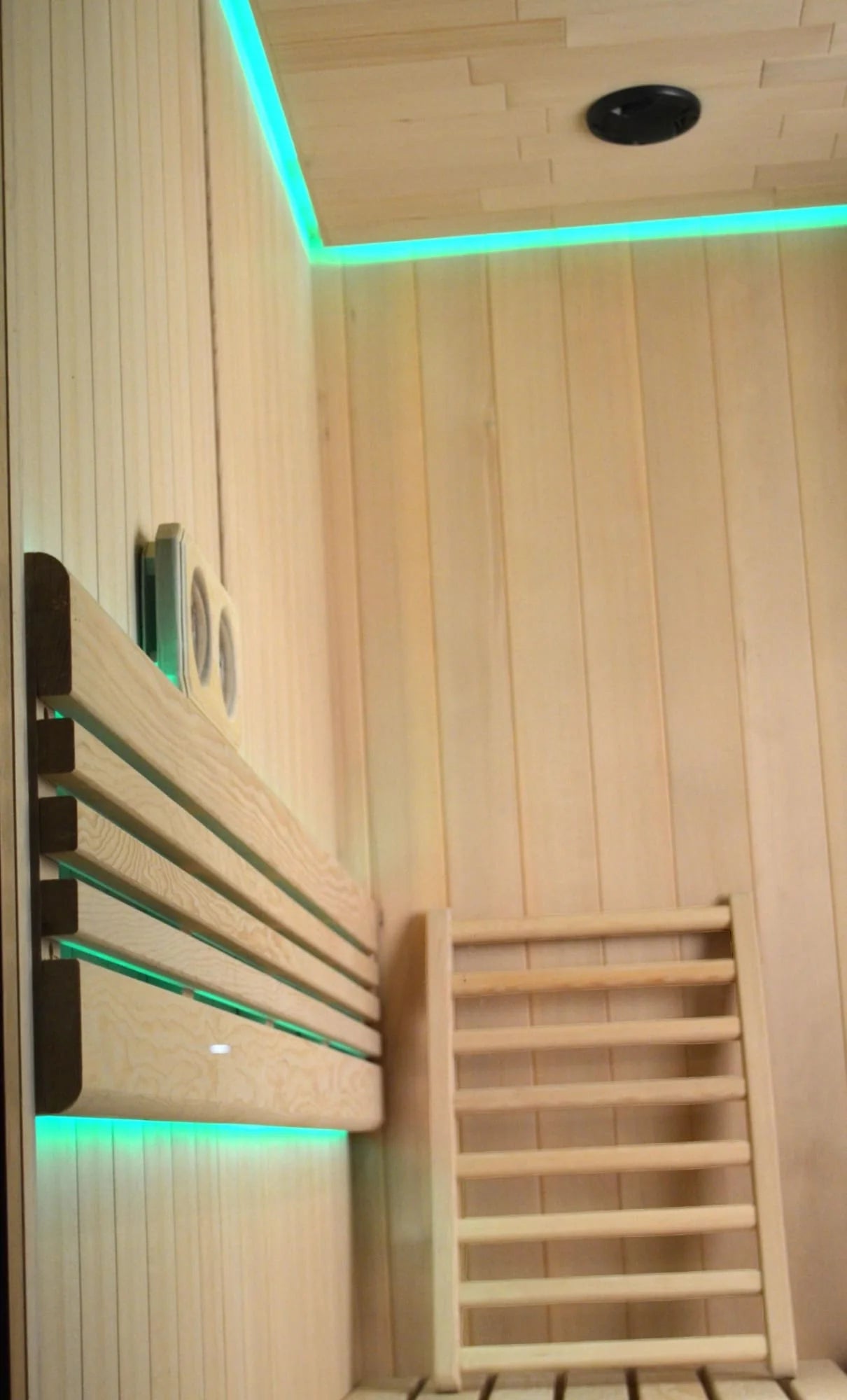 Interior of Sereno Indoor Sauna showing ergonomic backrests, LED chromotherapy lighting, and Bluetooth audio system
