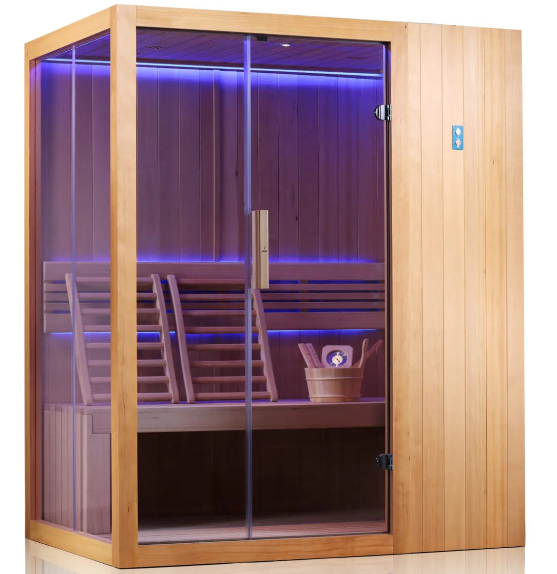 Interior of Sereno Indoor Sauna showing ergonomic backrests, LED chromotherapy lighting, and Bluetooth audio system