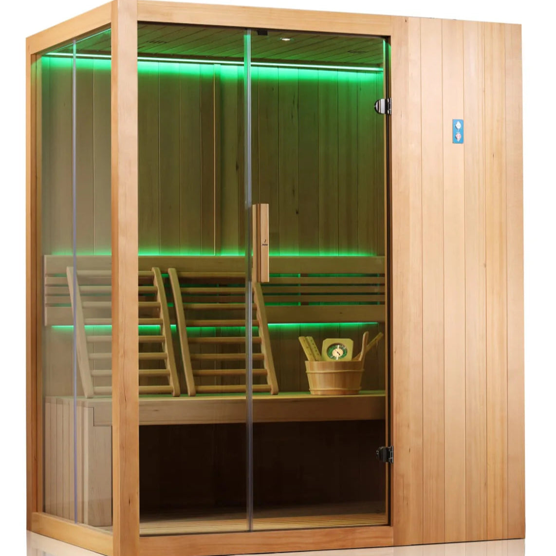 Interior of Sereno Indoor Sauna showing ergonomic backrests, LED chromotherapy lighting, and Bluetooth audio system