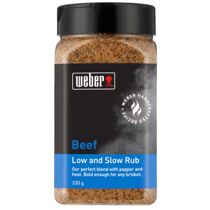 Weber Beef Low & Slow Rub jar with pepper and spice