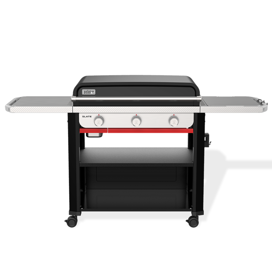 Weber Slate 30-inch Griddle BBQ with 3 burners, rust-resistant cooktop, even heat distribution, and Weber Works™ storage system – perfect for outdoor cooking.