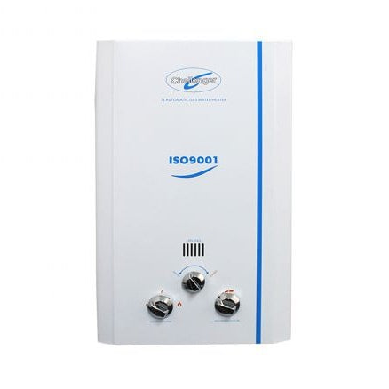A white Challenger 7L Gas Water Heater with blue trim, featuring control knobs and branding details.