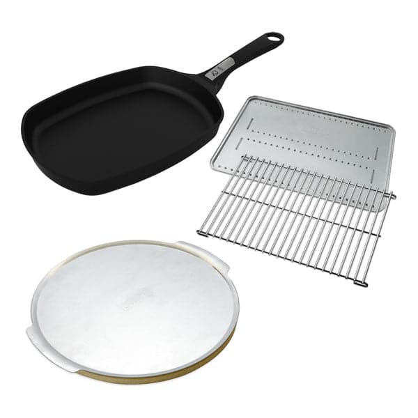 Products Weber Q Essentials Pack 17985 Frying pan and pizza stone set with roasting trivet for Weber bbq